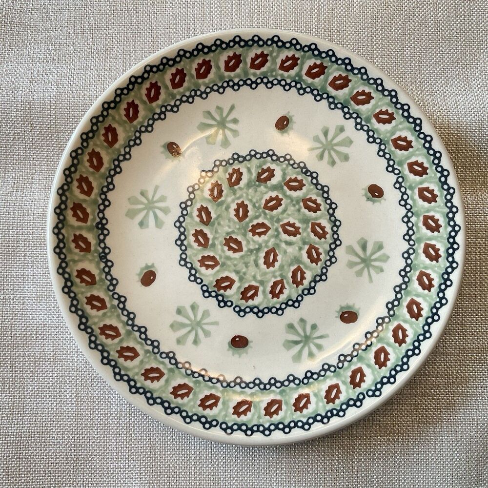 Polish Pottery Salad & Dessert Plate 8.5” Blue Green Flowers Red Leaves
